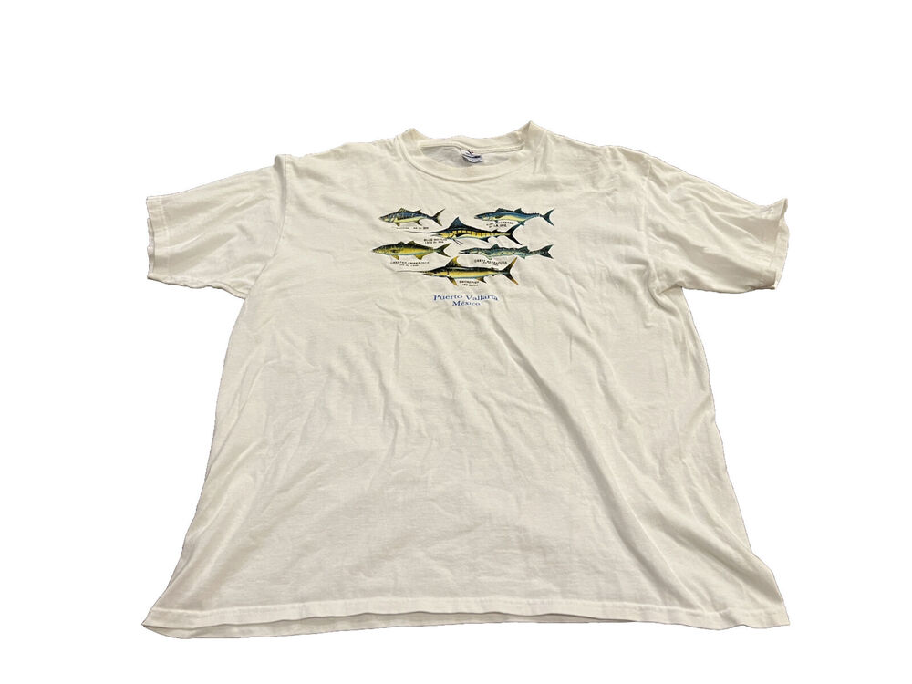 Vtg Yazbek White Fishes Puerto Vallarta Mexico Short Sleeve T Shirt Size XL